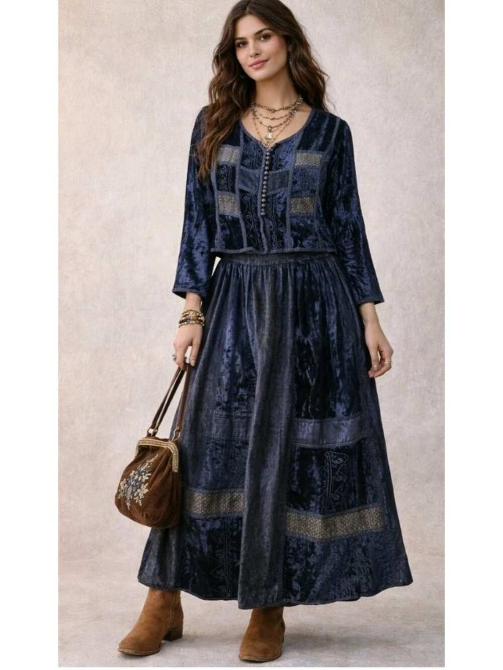 Vintage Marisol 2 Pc Blouse And Maxi Skirt Velvet Burnout Patchwork Size Large M